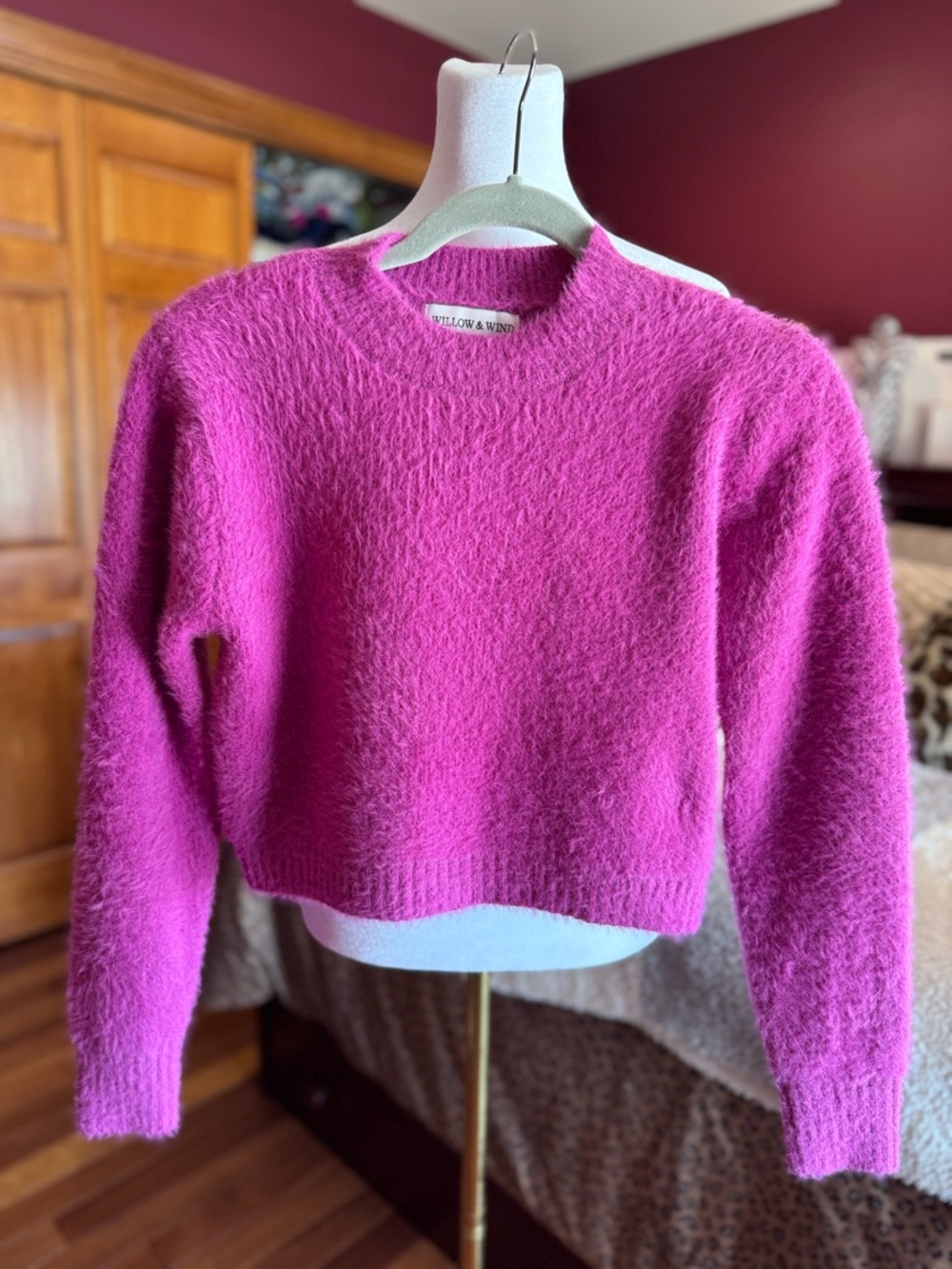 Women's Bright Pink Fuzzy Crewneck Sweater